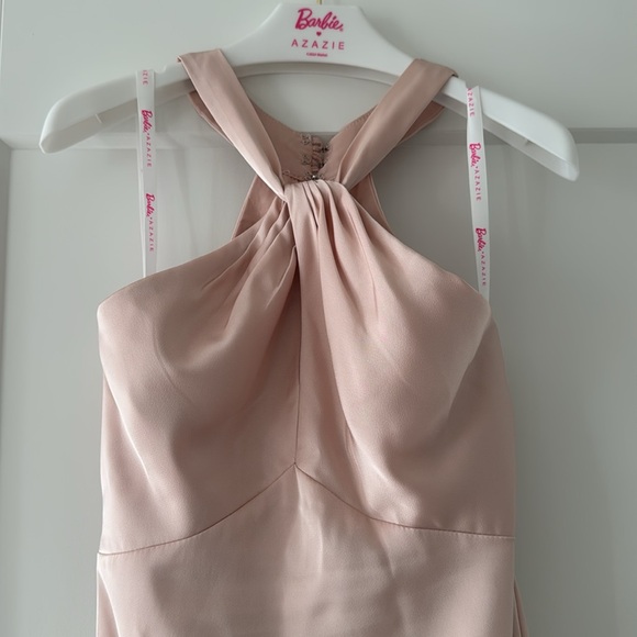 Azazie Keyhole Halter Stretch Satin Sheath Dress - Picture 4 of 14